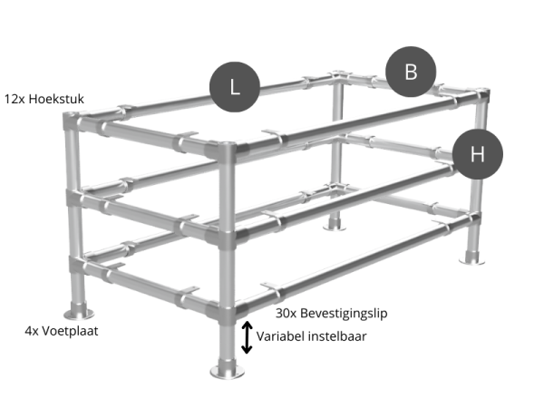 Werktafel onderstel met 2 onder-etages uit gegalvaniseerde buis Ø 48,3 mm